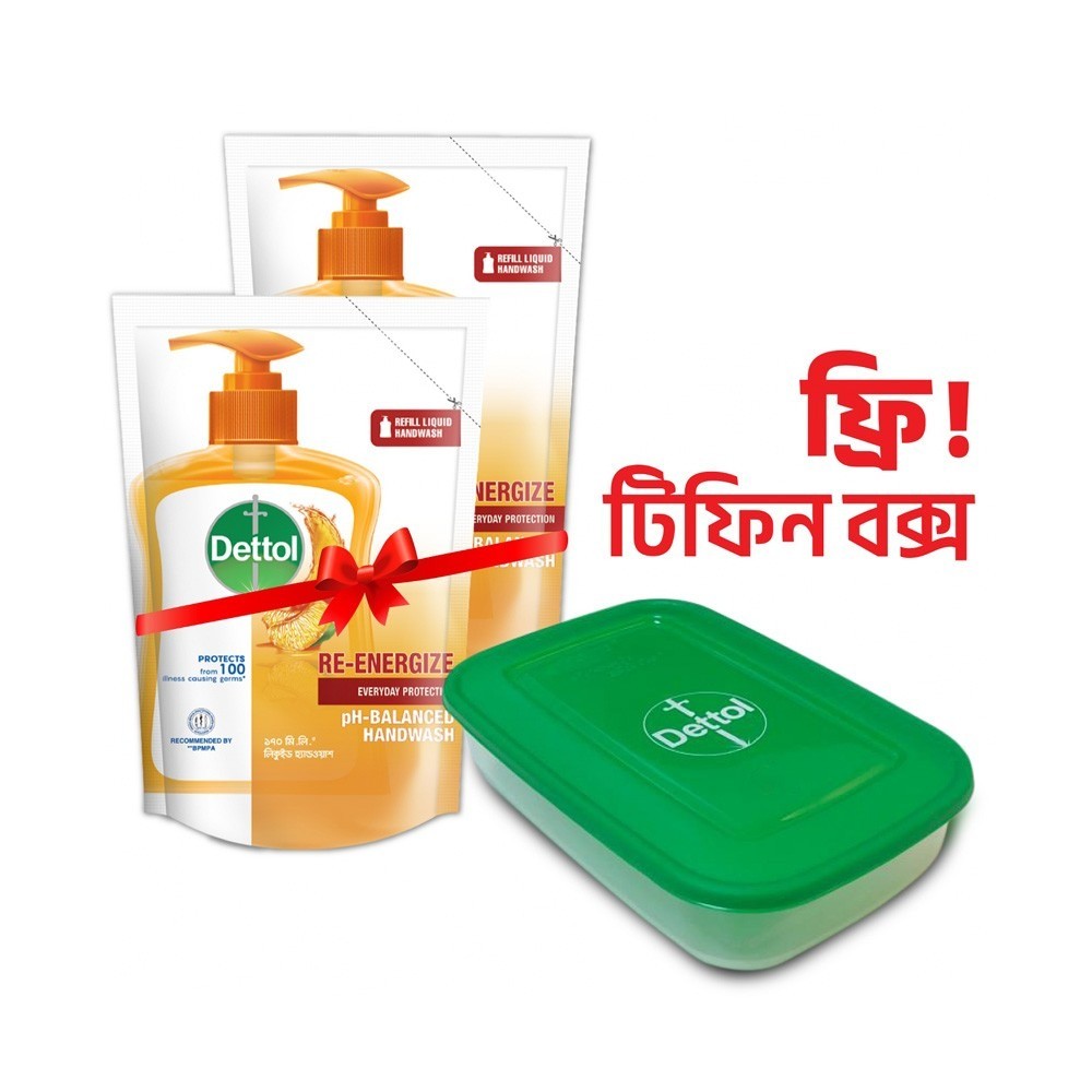 Dettol Handwash Re-Energize Refill 170 ml Combo (Free Tiffin Box)